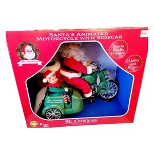 Mr. Christmas Santa's Animated Motorcycle with Side Car and Elf New in Box Red